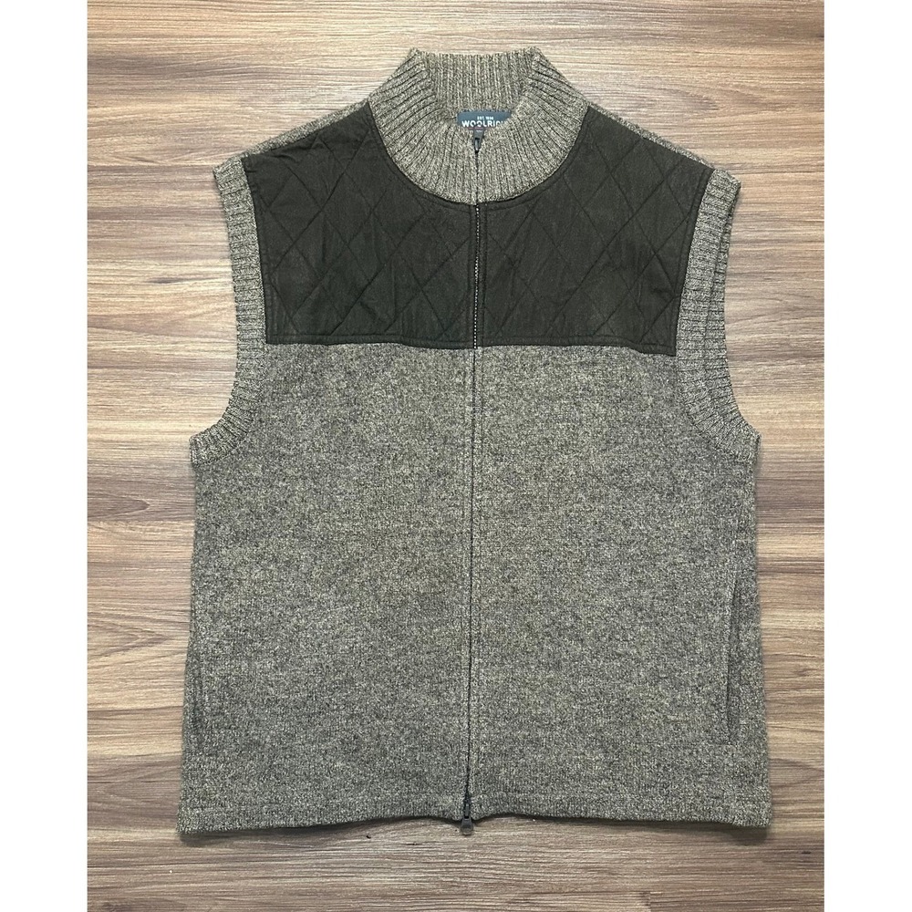 Woolrich Mens Woodchip 100% Wool Full Zip Quilted Sweater Vest Brown Sz L Men